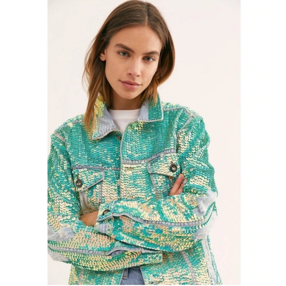 SEQUIN EMBROIDERED DENIM JACKET DEMI X FREE PEOPLE